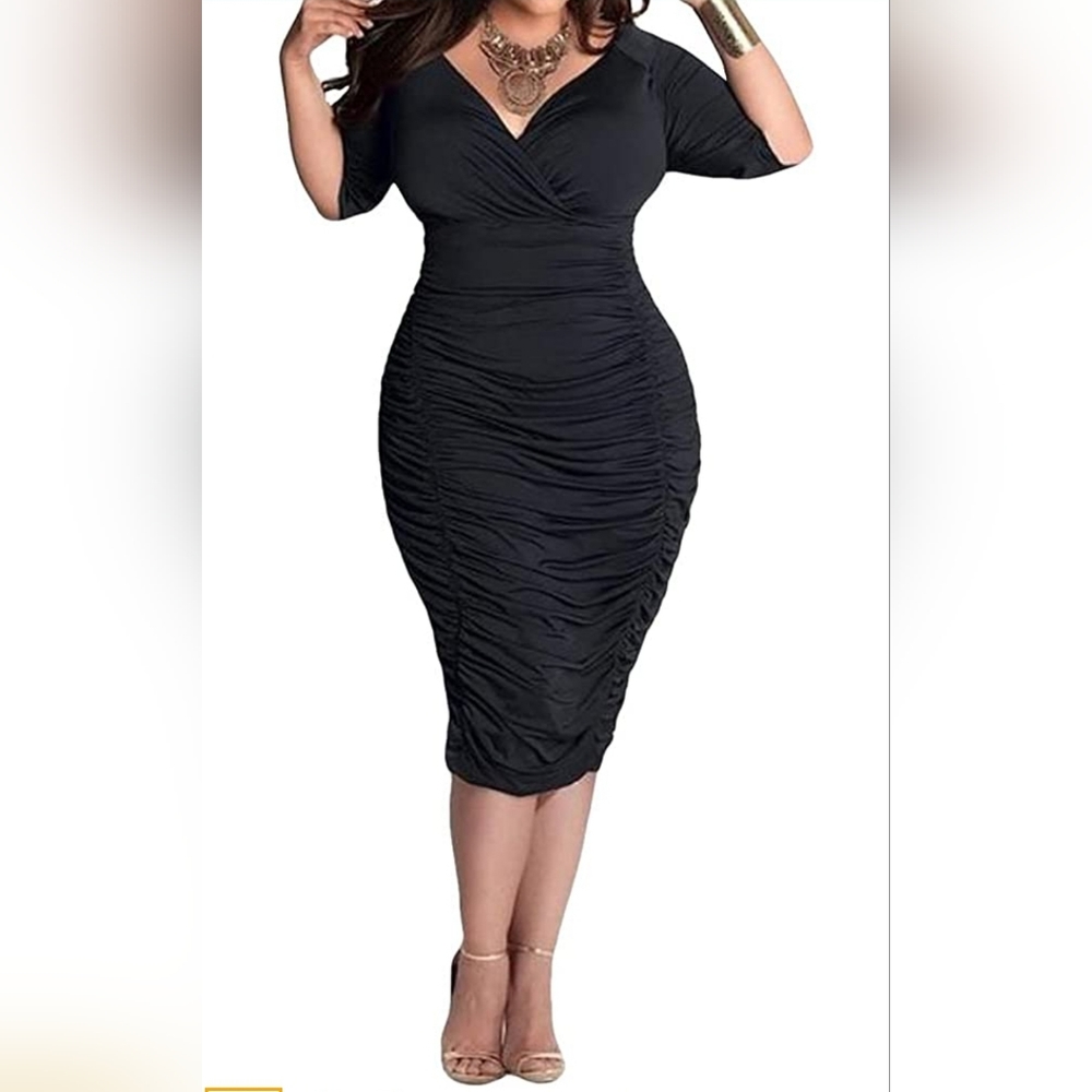 POSESHE Women's Plus Size Sexy Bodycon Party Dress Long Sleeve Midi Club Dresses